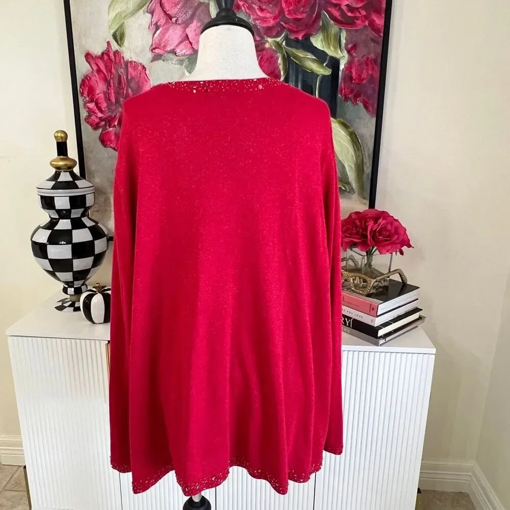 Maggie Barnes Women's Shimmer Knit Beaded Trim Tank & Cardigan Set Red 3X